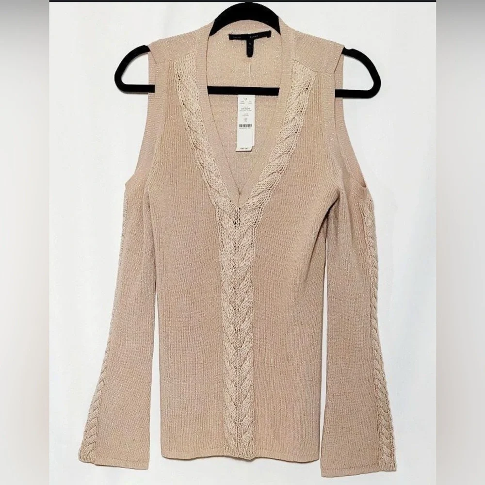 White House Black Market Tan V-Neck Sweater cashmere with Cable Knit NWT